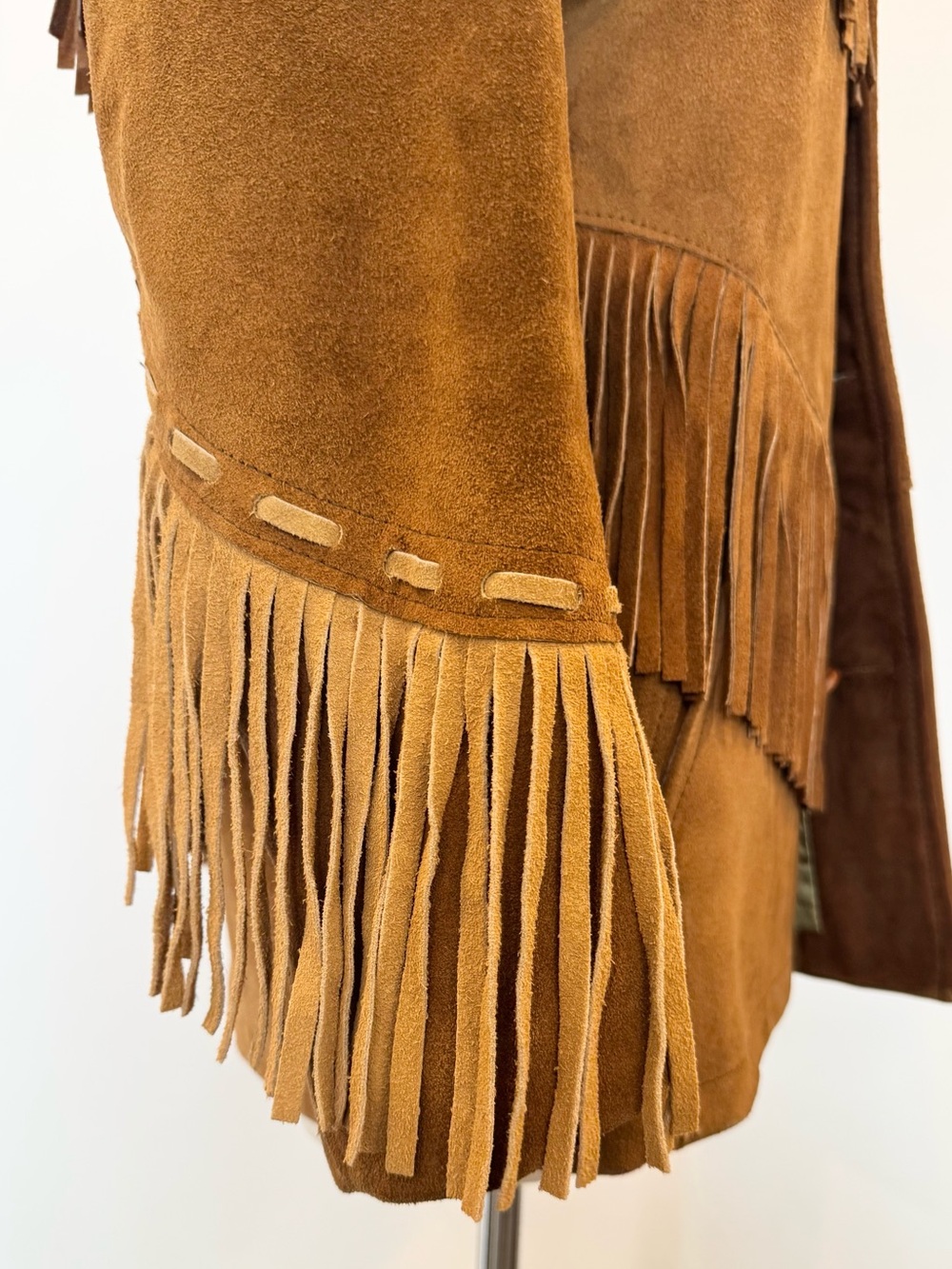 Vintage Pioneer Wear Genuine Leather Suede Fringe Two Tone Brown 70s Jacket Coat - Picture 8 of 12